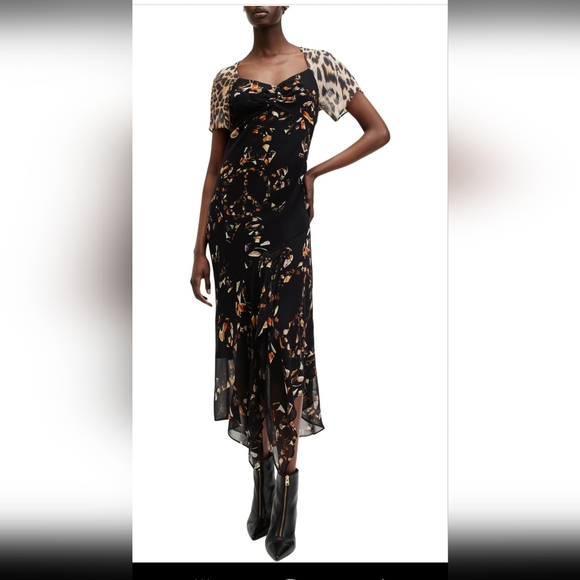 AllSaints Leah  Asymmetrical Midi Dress With Leopard Sleeves - Picture 4 of 11
